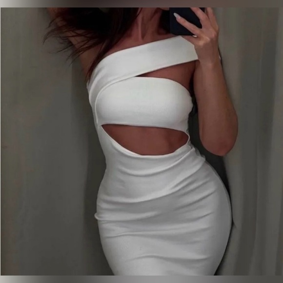 Zara white midi dress cropped one shoulder ribbed cotton fitted bodycon - Picture 9 of 16